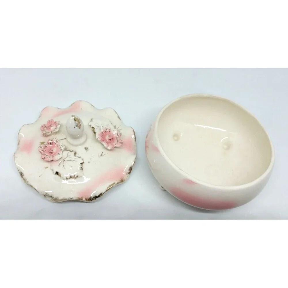 VTG Pink Flower Ceramic Trinket Box with Ivory Gold Lid Hand Painted Japan